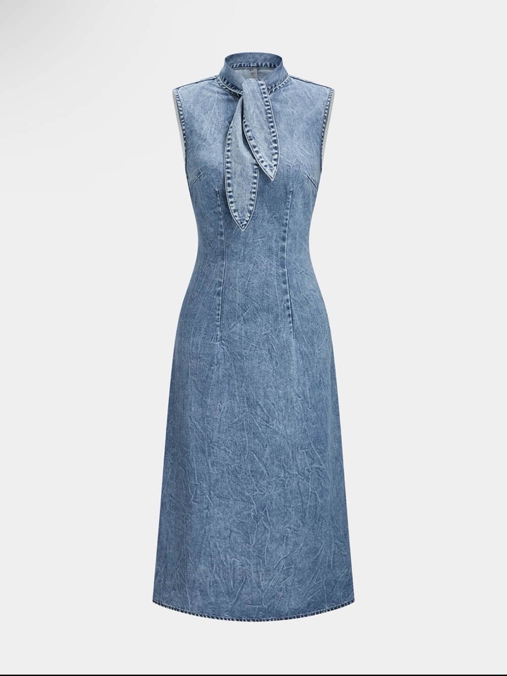 ✨Commense✨Sleeveless Denim Midi Dress in Light Blue with Tie-Neck